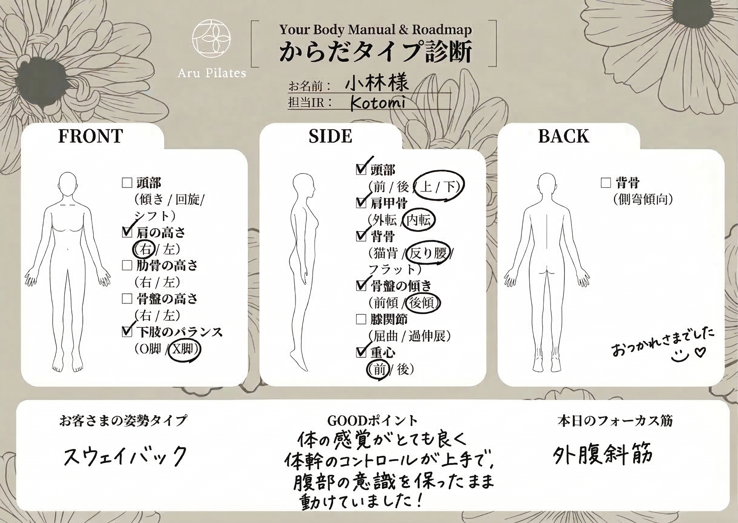 体験時に姿勢を確認するカルテ